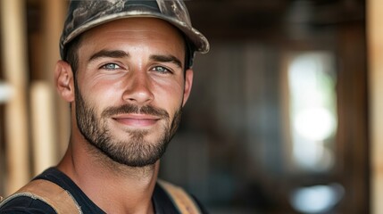 Young Man in Hard Hat Smiling Confidently in Construction Site