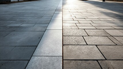 A symmetrical view of a paved pathway with light and shadow, creating a serene and inviting scene. The texture of the stone is prominent.