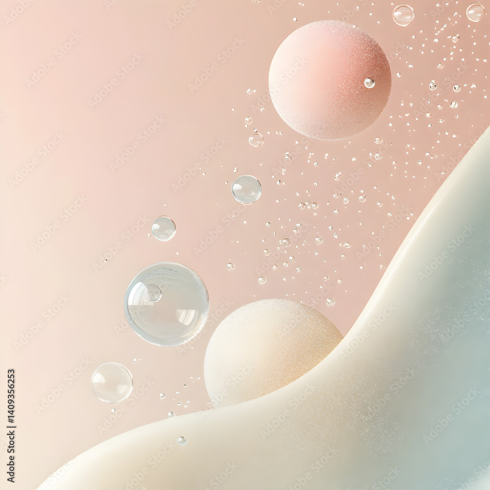 Poster serene bubbles: floating spheres and gentle curves create a calming abstract composition, with soft 