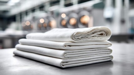 A close-up shows folded white towels stacked neatly. The background is blurred, suggesting a commercial laundry setting with washing machines.
