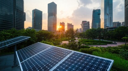 Rooftop solar panels in a modern city park at sunset
