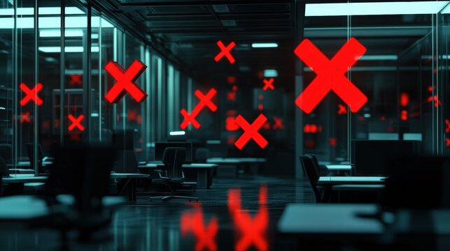 Spacious office room filled with tables and chairs featuring floating red x icons symbolizing errors