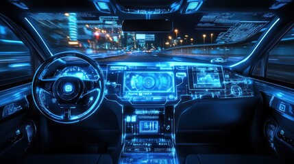 Obraz premium Futuristic autonomous car interior, night driving, city lights, digital dashboard