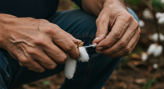 Hands separating cotton fibers from cotton boll