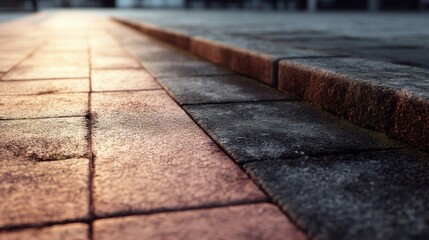 A close-up perspective reveals textured paving stones, leading towards the vanishing point. The contrast between the surface and a step is highlighted.
