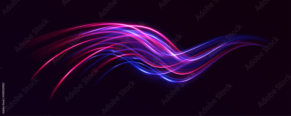 Poster vector illustration shows fast-moving light streaks creating a tunnel effect with neon blue and oran