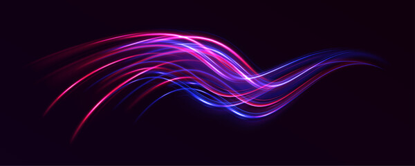 Vector illustration shows fast-moving light streaks creating a tunnel effect with neon blue and orange hues. The swirling motion emphasizes speed and futuristic technology. Ideal for dynamic digital a