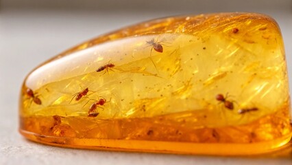 A polished piece of amber with warm golden-orange hues and natural inclusions rests on a dark, textured surface, suggesting an ancient origin and natural beauty