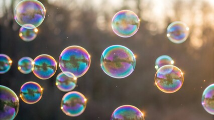 This image captures the delicate beauty of several soap bubbles, their surfaces shimmering with blue, green, yellow, and pink hues, set against a dreamy, out-of-focus natural backdrop