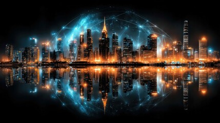 Illuminated cityscape reflects in the water at night, enhanced with digital network connections, creating a futuristic atmosphere.