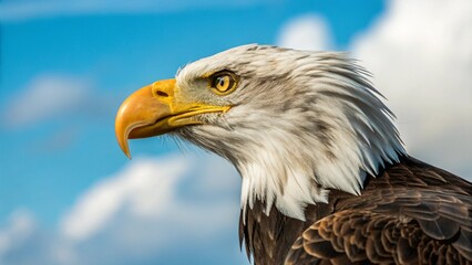 This close-up image captures the powerful gaze of a bald eagle, its detailed white head contrasting with its dark brown body, set against a soft, out-of-focus sky with clouds