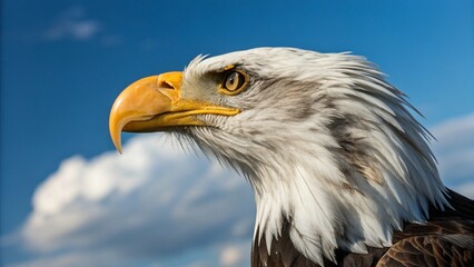 Obraz premium A majestic bald eagle portrait, showcasing its striking white head and neck feathers, sharp yellow beak, and intense golden eye against a blurred backdrop of blue sky and clouds