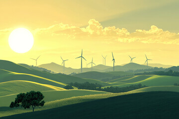 Wind turbines with the sun rising behind, casting long shadows over green rolling hills