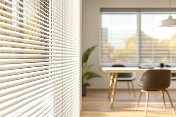 Obraz premium Modern office interior with white wall and wooden floor, featuring a panoramic window with blinds on the right side. Ideal background for a minimalist style presentation 