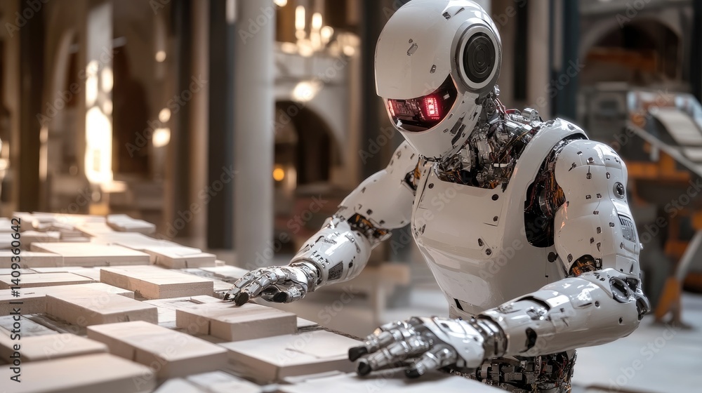 Poster advanced robot working in modern warehouse environment with boxes