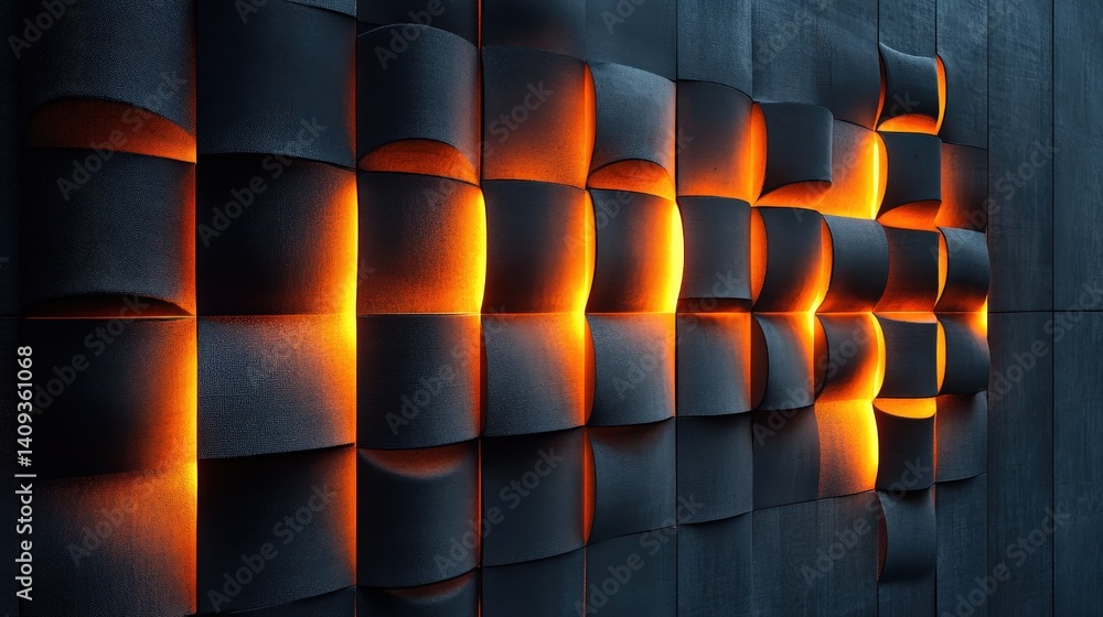 Poster an abstract wall design featuring textured panels illuminated by warm, glowing lights, creating a dy