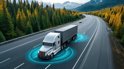 A semi-truck drives on a highway surrounded by lush green trees and mountains, highlighting modern logistics and autonomous driving.