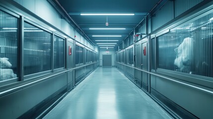 Spacious long hallway in a contemporary building with a few people walking and engaging in conversations along the way
