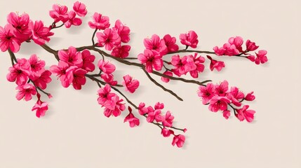Naklejka premium Branch Of Vibrant Pink Cherry Blossoms On A Soft Beige Background Symbolizing Spring And Renewal