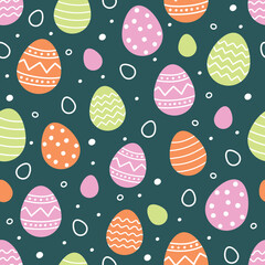 Colourful Easter seamless pattern with cute painted eggs. Cartoon style background. Vector illustration