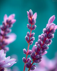 Fototapeta premium Luminous lavender petals glow on misty teal background.