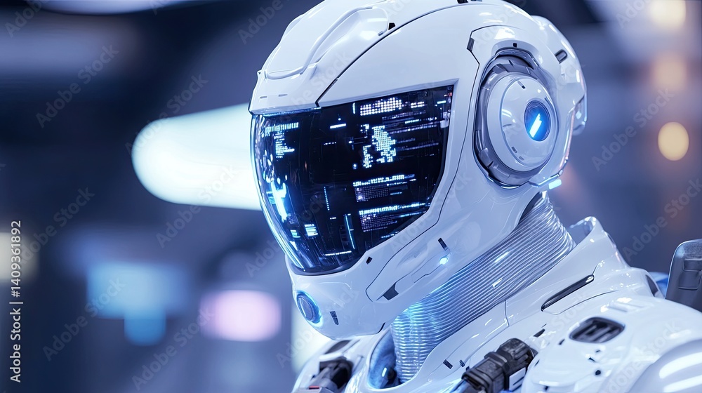 Poster futuristic robot helmet with advanced technology displayed close-up