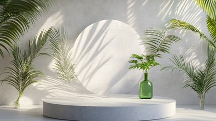 Minimalist Product Display with Greenery and Sunlight