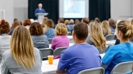 Obraz premium Audience members listen attentively during a conference presentation, with a speaker on stage and a screen behind him.