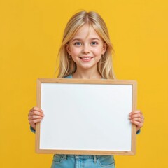 Fototapeta premium A cute girl with blonde hair in two ponytails is depicted on a yellow background. She is smiling and holding a white tablet in a wooden frame in her hands.