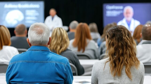 Attendees listen intently at a medical conference, observing a presentation on a screen while learning. The lecture is likely focusing on brain health.