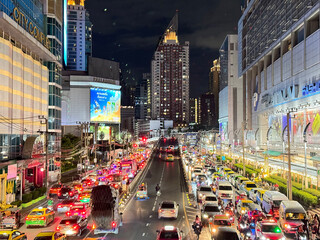 View of Bangkok busy shopping district of Pratunam and Platinum Fashion Mall, with dense traffic...