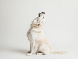 Golden Retriever in Howl: A serene shot of a golden retriever in a moment of canine expression, captured in a studio setting. The dog's mouth open in a soulful howl.