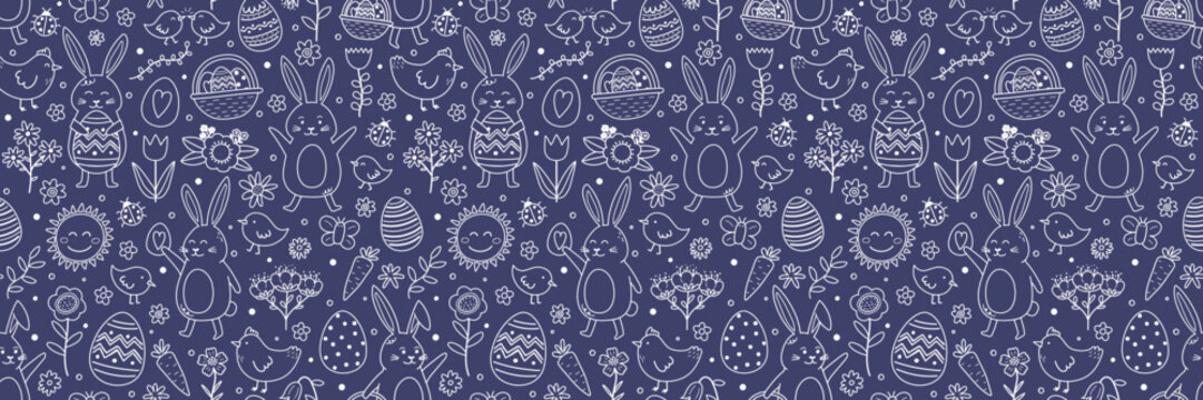 Easter seamless pattern with cute hand drawn bunny, eggs, chick and flower. Cartoon style background. Vector illustration