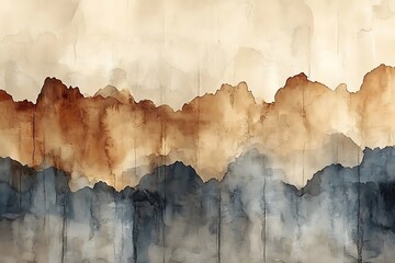 Abstract landscape painting of layered mountains in muted earth tones.