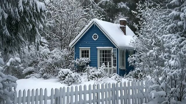 Charming Snow-Covered Blue Cottage with White Picket Fence in Winter Landscape

