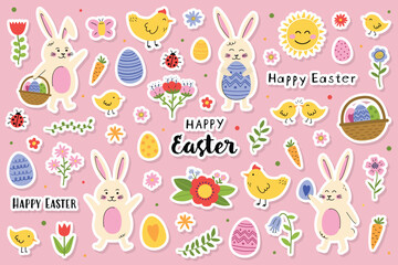 Collection of Easter stickers: bunny, chick, egg and flowers. Cute cartoon style elements. Vector illustration