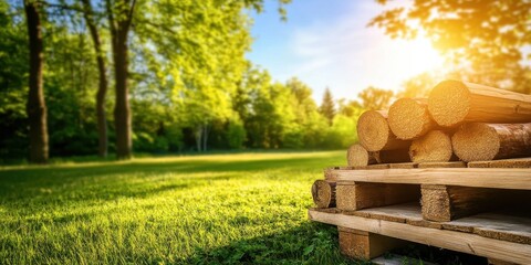 Golden Hour in the Lumberyard: A picturesque moment as sunlight bathes a lumber stack, stacked neatly upon a wooden pallet.