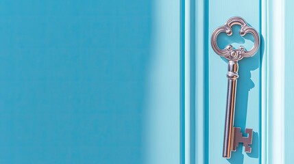 Obraz premium Vintage Key Hanging on Bright Blue Wall in Modern Interior Design
