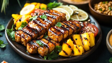 Rustic platter of grilled tempeh with spicy peanut sauce and tropical fruits as garnish