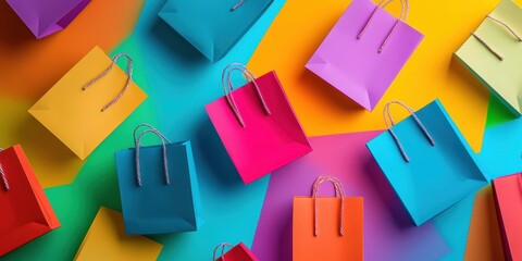 Colorful Shopping Bags: A vibrant display of colorful shopping bags scattered on a colorful background, symbolizing the joy and excitement of shopping and consumerism. 