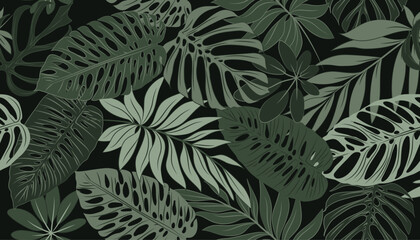 Tropical seamless pattern with green plants, palm leaves on a black background. Floral tropical vector