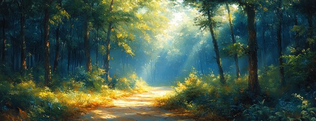 Obraz premium Active Spring Hiking in a Serene Forest with Lush Greenery and Soft Sunlight