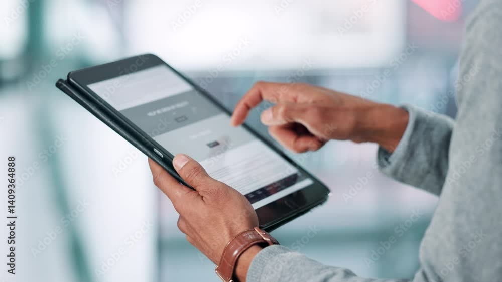 Poster business, tablet screen and man in office, hands and typing with subscription, online reading and ne