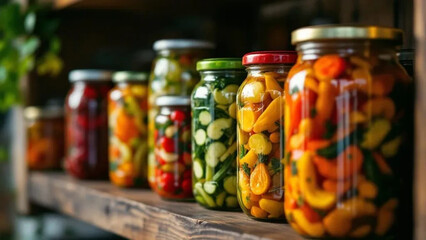 Colorful pickled vegetables in glass jars. 