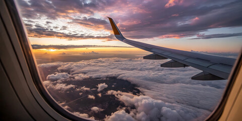 Obraz premium The airplane wing offers a stunning aerial view of the blue sky and white clouds during flight