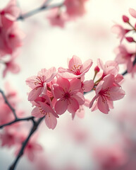 Obraz premium Coral-pink cherry blossoms glow in creamy light.