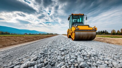 A vibrant shot capturing a yellow road roller compacting crushed stone for road construction, under a dramatic sky. The scene displays a construction site with fields in the background.