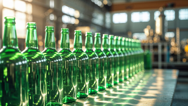A close-up view of green glass bottles on a conveyor belt in a bottling factory setting.