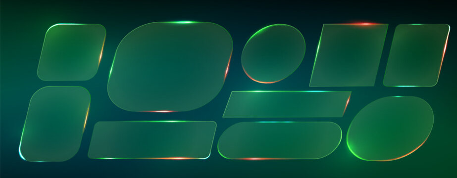 Glowing neon green glass frames on dark background - different rounded rectangle shapes, shining edges, futuristic digital design elements for ui, banners or titles. Blank geometric templates set.