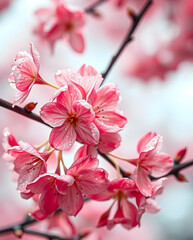 Obraz premium Coral-pink cherry blossoms glow in creamy light.